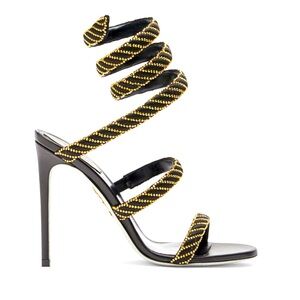 Rene Caovilla Cleo Black And Gold Embellished Satin Heel Sandal Sz 40 US 10 9.5